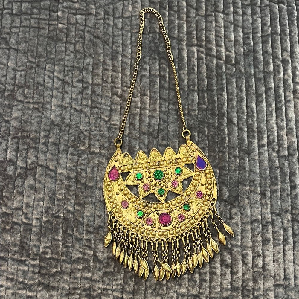 Gold Tone Boho Statement Pendant Necklace with Pink, Green & Purple Accents